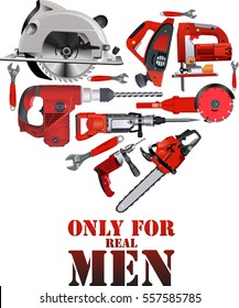 Repair building carpentry tools heart shape - vector illustration with working circular saw, chainsaw, drill, hammer and screwdriver.