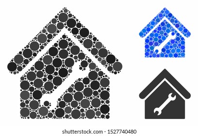 Repair building composition of small circles in different sizes and color tints, based on repair building icon. Vector small circles are grouped into blue composition.
