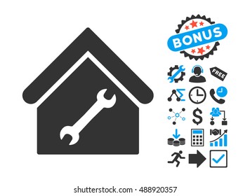 Repair Building icon with bonus elements. Vector illustration style is flat iconic bicolor symbols, blue and gray colors, white background.
