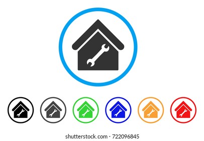Repair Building rounded icon. Style is a flat repair building grey symbol inside light blue circle with black, gray, green, blue, red, orange color versions.