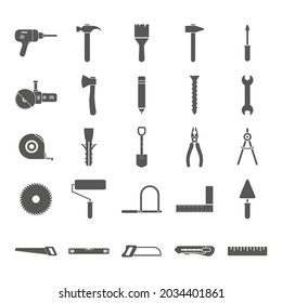 Repair, building and work instruments collection. Construction tools icons large set. Black silhouettes. Vector isolated on white