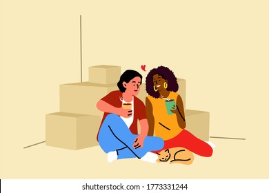 Repair, buy, home, couple, removal concept. Young happy smiling boyfriend girlfriend man woman sitting on floor with boxes drinking coffee. Buying new apartment or moving in empty house illustration.