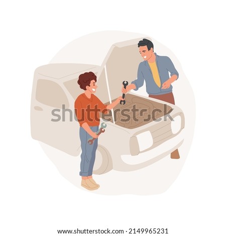 Repair car in a garage isolated cartoon vector illustration. Father working with tools, young teen helps dad in home garage, doing car repair together, looking in open hood auto vector cartoon.