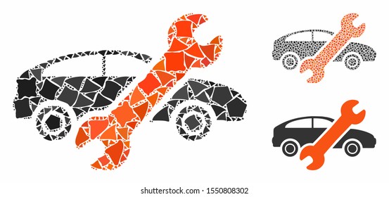Repair car mosaic of tremulant elements in variable sizes and color tones, based on repair car icon. Vector joggly elements are composed into collage. Repair car icons collage with dotted pattern.