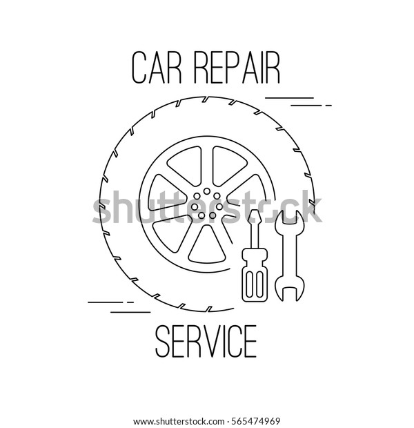 Repair car service design illustration\
for logo of the garage or car repair workshop service. Line art\
vector illustration isolated on white\
background