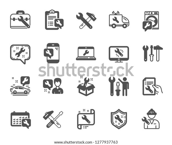 Repair car service icons. Set of Hammer,\
Screwdriver and Spanner tool icons. Recovery, Washing machine\
repair, Car service. Engineer tool, Tech support. Spanner\
equipment, screwdriver.\
Vector