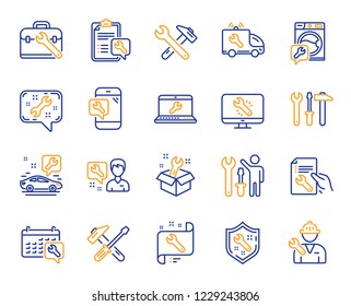 Repair Car Service Line Icons. Set Of Hammer, Screwdriver And Spanner Tool Icons. Recovery, Washing Machine Repair, Car Service. Engineer Tool, Tech Support. Spanner Equipment, Screwdriver. Vector