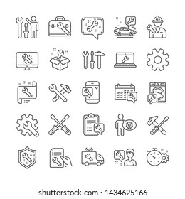 Repair Car Service Line Icons. Set Of Screwdriver, Hammer And Spanner Tool Icons. Recovery, Washing Machine Repair, Car Service. Engineer Tool, Tech Support. Spanner Equipment, Screwdriver. Vector