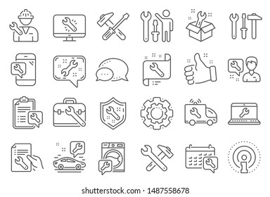 Repair car service line icons. Set of Hammer, Screwdriver and Spanner tool icons. Recovery, Washing machine repair, Car service. Engineer tool, Tech support. Spanner equipment, screwdriver. Vector