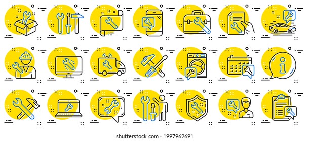 Repair Car Service Line Icons. Set Of Hammer, Screwdriver And Spanner Tool Icons. Recovery, Washing Machine Repair, Car Service. Engineer Tool, Tech Support. Spanner Equipment, Screwdriver. Vector