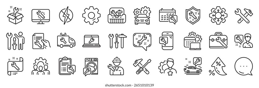 Repair car service line icons. Settings gear, Message, Inflation icons. Set of Hammer, Screwdriver and Spanner tool icons. Recovery, Washing machine repair, Car service. Vector