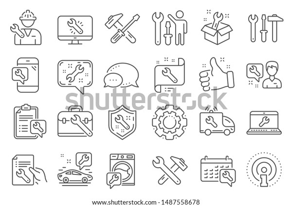 Repair car service line icons. Set of Hammer,\
Screwdriver and Spanner tool icons. Recovery, Washing machine\
repair, Car service. Engineer tool, Tech support. Spanner\
equipment, screwdriver.\
Vector