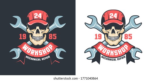 Repair car service vintage emblem - skull and adjustable wrench. Mechanical auto workshop retro logo - skeleton handyman in cap and tools. Vector illustration.