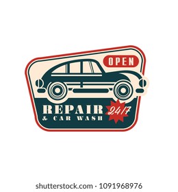 Repair and car wash logo, open 24 7, auto service badge, retro vintage label vector Illustration on a white background