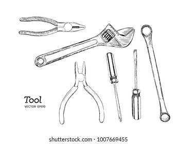 Repair, carpentry and wood work tools sketch icons set. 