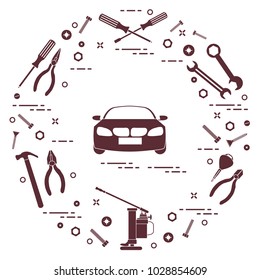 Repair cars: automobile, wrenches, screws, key, pliers, jack, hammer, screwdriver. Design for announcement, advertisement, banner or print.