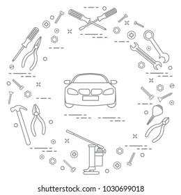 Repair cars: automobile, wrenches, screws, key, pliers, jack, hammer, screwdriver. Design for announcement, advertisement, banner or print.