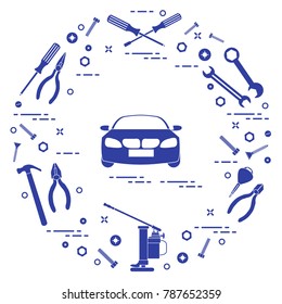 Repair cars: automobile, wrenches, screws, key, pliers, jack, hammer, screwdriver. Design for announcement, advertisement, banner or print.