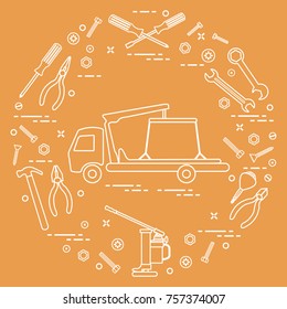 Repair cars: tow truck, wrenches, screws, key, pliers, jack, hammer, screwdriver. Design for announcement, advertisement, banner or print.