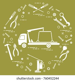 Repair cars: tow truck, wrenches, screws, key, pliers, jack, hammer, screwdriver. Design for announcement, advertisement, banner or print.