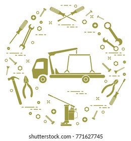 Repair cars: tow truck, wrenches, screws, key, pliers, jack, hammer, screwdriver. Design for announcement, advertisement, banner or print.