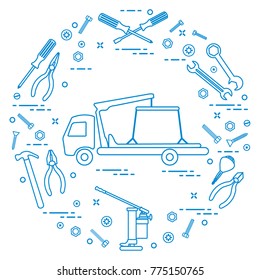 Repair cars: tow truck, wrenches, screws, key, pliers, jack, hammer, screwdriver. Design for announcement, advertisement, banner or print.