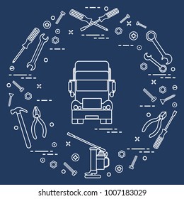 Repair cars: truck, wrenches, screws, key, pliers, jack, hammer, screwdriver. Design for announcement, advertisement, banner or print.