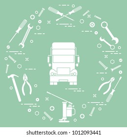 Repair cars: truck, wrenches, screws, key, pliers, jack, hammer, screwdriver. Design for announcement, advertisement, banner or print.