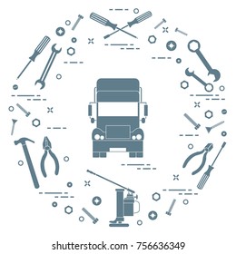 Repair cars: truck, wrenches, screws, key, pliers, jack, hammer, screwdriver. Design for announcement, advertisement, banner or print.