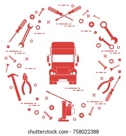 Repair cars: truck, wrenches, screws, key, pliers, jack, hammer, screwdriver. Design for announcement, advertisement, banner or print.