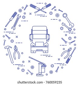 Repair cars: truck, wrenches, screws, key, pliers, jack, hammer, screwdriver. Design for announcement, advertisement, banner or print.