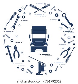 Repair cars: truck, wrenches, screws, key, pliers, jack, hammer, screwdriver. Design for announcement, advertisement, banner or print.