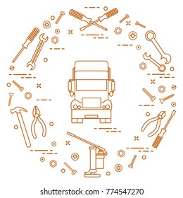 Repair cars: truck, wrenches, screws, key, pliers, jack, hammer, screwdriver. Design for announcement, advertisement, banner or print.