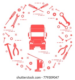 Repair cars: truck, wrenches, screws, key, pliers, jack, hammer, screwdriver. Design for announcement, advertisement, banner or print.