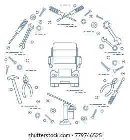Repair cars: truck, wrenches, screws, key, pliers, jack, hammer, screwdriver. Design for announcement, advertisement, banner or print.