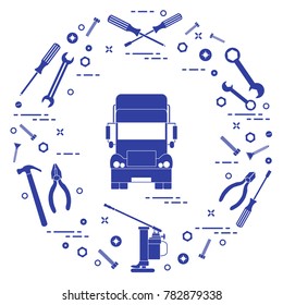 Repair cars: truck, wrenches, screws, key, pliers, jack, hammer, screwdriver. Design for announcement, advertisement, banner or print.