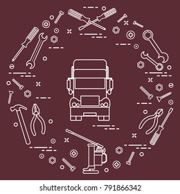 Repair cars: truck, wrenches, screws, key, pliers, jack, hammer, screwdriver. Design for announcement, advertisement, banner or print.