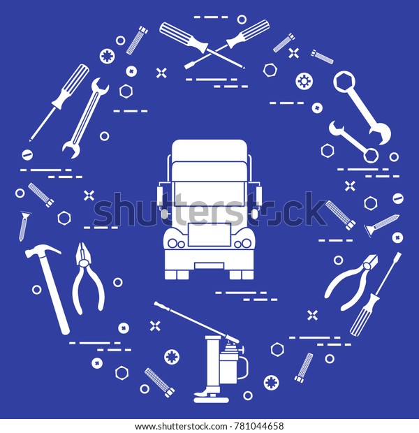 Repair cars: truck, wrenches, screws, key, pliers,\
jack, hammer, screwdriver. Design for announcement, advertisement,\
banner or print.