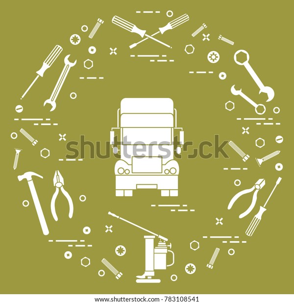 Repair cars: truck, wrenches, screws, key, pliers,\
jack, hammer, screwdriver. Design for announcement, advertisement,\
banner or print.