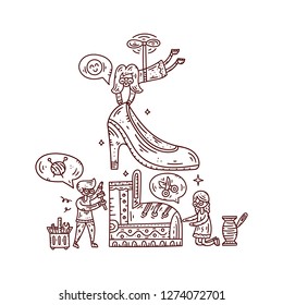 Repair of clothes and shoes. Tailoring. Women's workshop. Doodle style clipart collection. Vector line illustration