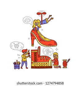 Repair of clothes and shoes. Tailoring. Women's workshop. Hand drawn vector illustration