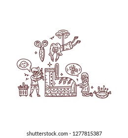 Repair of clothes and shoes. Tailoring. Women's workshop. Doodle style line vector illustration