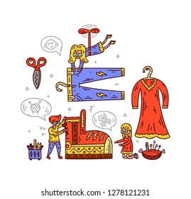 Repair of clothes and shoes. Tailoring. Women's workshop. Hand drawn colored vector illustration