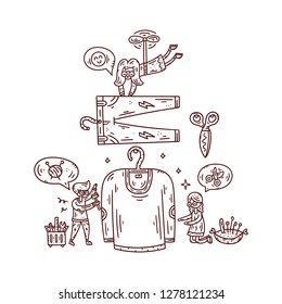 Repair of clothes and shoes. Tailoring. Women's workshop. Doodle style vector line concept