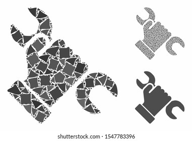 Repair composition of humpy pieces in various sizes and color tints, based on repair icon. Vector irregular pieces are combined into composition. Repair icons collage with dotted pattern.
