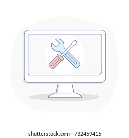 Repair Computer, Fix Service, Support, Adjustment vector icon. Wrench and Screwdriver on Display. Flat outline illustration symbol on white background. Modern clean design element.