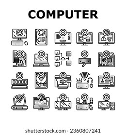 repair computer pc service icons set vector. hardware technician, support technology, engineer maintenance, motherboard laptop repair computer pc service black contour illustrations