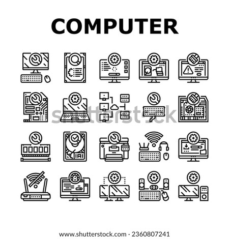 repair computer pc service icons set vector. hardware technician, support technology, engineer maintenance, motherboard laptop repair computer pc service black contour illustrations