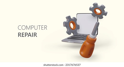 Repair of computers, laptops, tablets. Services of professional repairman. Advertising poster with 3D gears and open laptop. Positive illustration style, light background