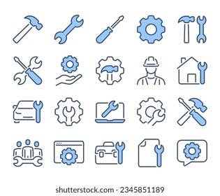 Repair concept blue editable stroke outline icons set isolated on white background flat vector illustration. Pixel perfect. 64 x 64.
